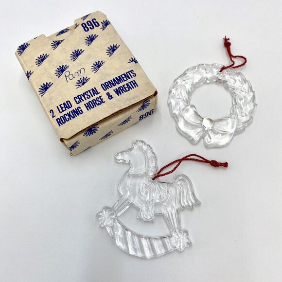 2 Princess House Lead Crystal Christmas Tree Ornament Rocking Horse Wreath #896 - Picture 1 of 9